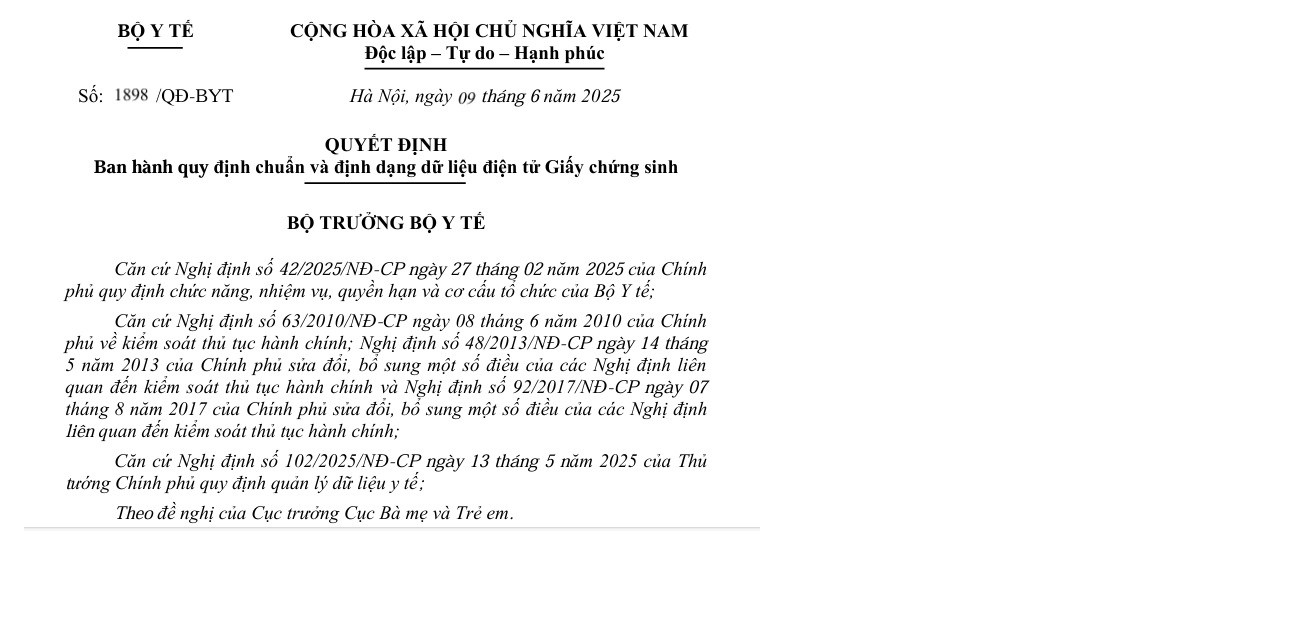 QĐ ban hành quy định chuẩn và định dạng dữ liệu điện tử Giấy chứng sinh của Bộ Y tế